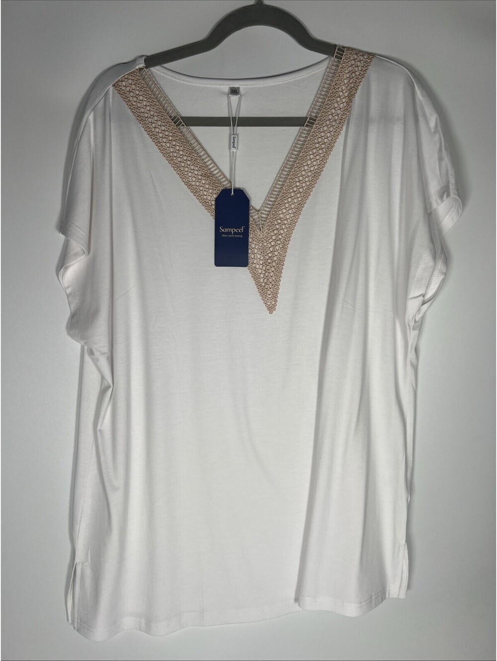 NWT-Sampeel Women's Cream V-Neck Top with Gold Trim- Plus Size XXL